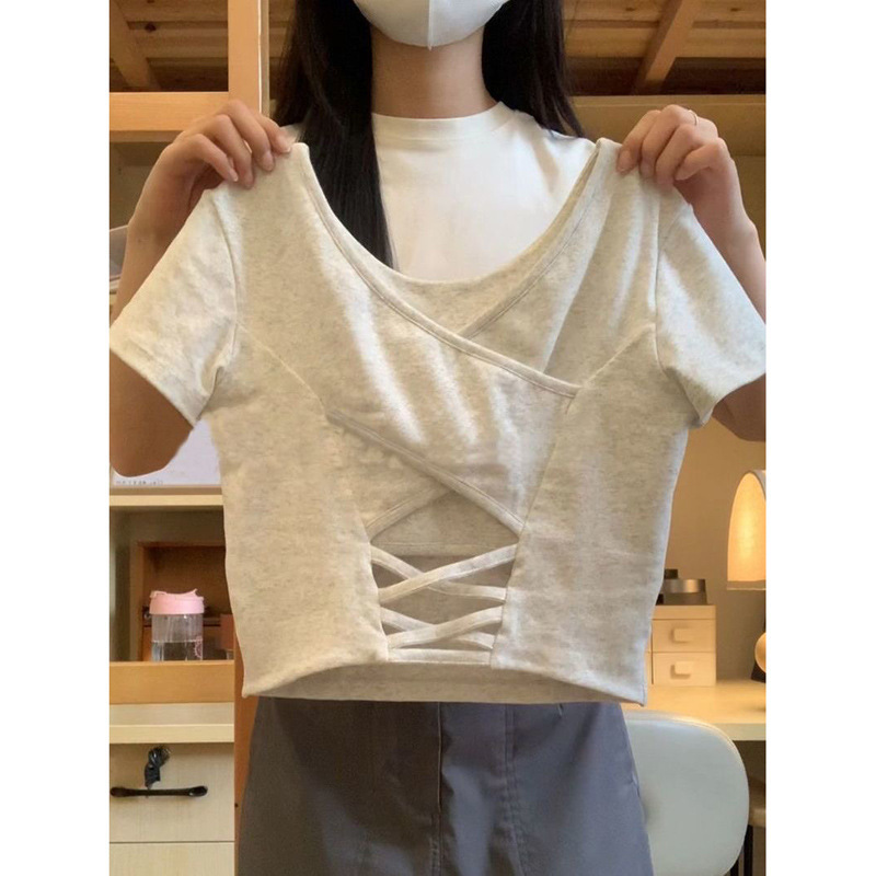 Solid Color Hot Girl Shoulder Short-sleeved T-shirt Women's Summer Hollow-out Beautiful Strap Chest Pad Base Shirt Short Top