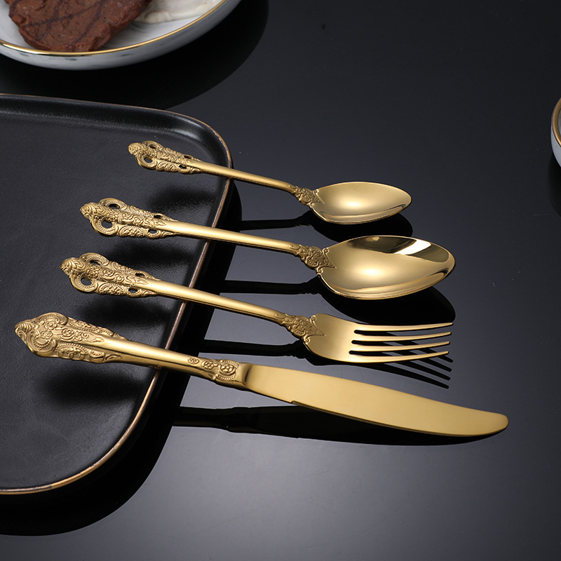 Cuchillo de vajilla occidental y tenedor Cuchillo de carne inoxidable 304, tenedor y cuchara conjunto de cuatro piezas traje cuchillo de carne, tenedor y cuchara