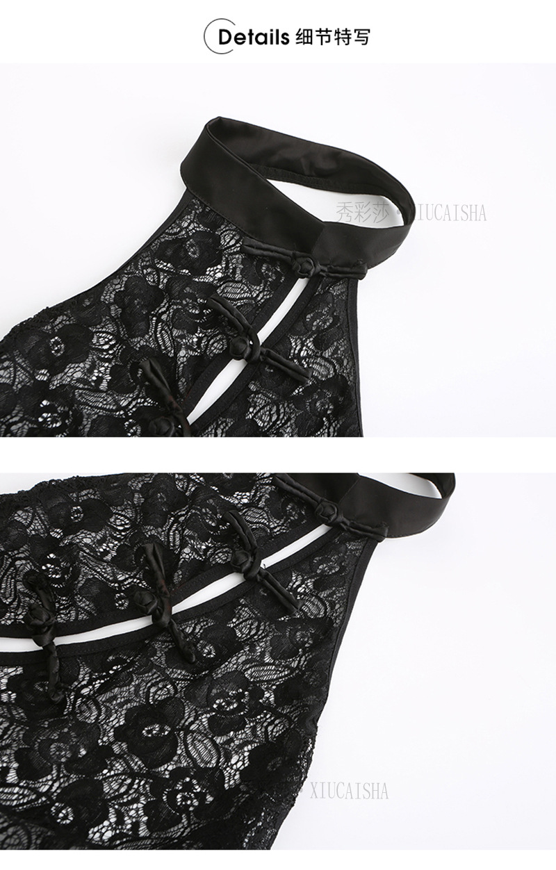 Lace Open-Neck Jumpsuit Lingerie with Matching Stockings, One Size — detail image 19