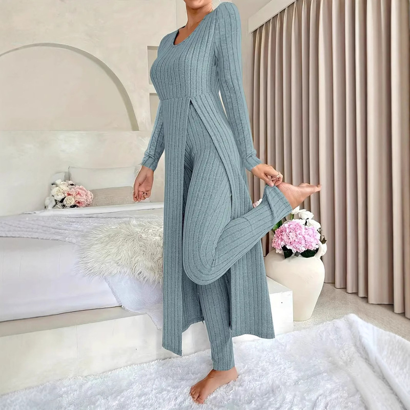 In-Stock European and American Cross-Border Independent Site Temu Amazon New Design Round Neck Slit Long-Sleeve Two-Piece Set for Spring
