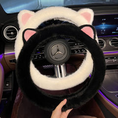 Trendy Steering Wheel Cover with Fluffy Rabbit Fur for Winter — Cute Cartoon Cat-Ear Design, Perfect Winter Car Handlebar Wrap