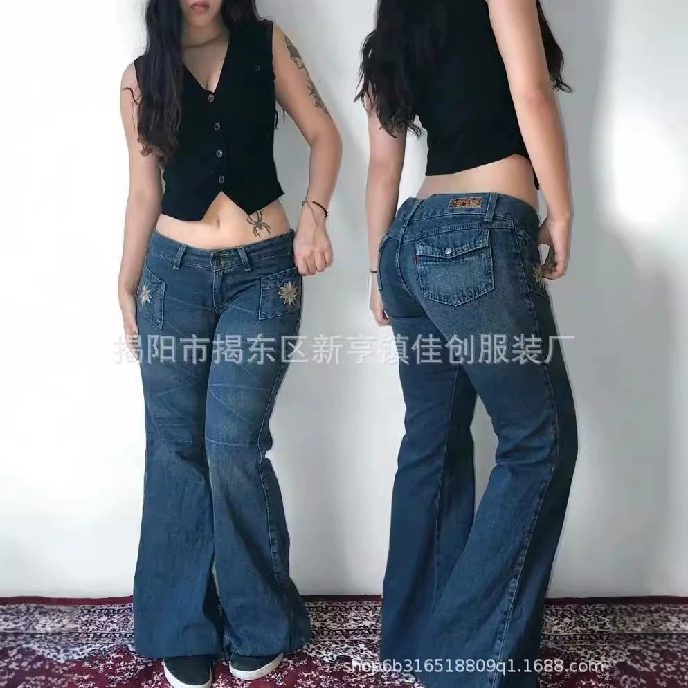 2024 летний новый стиль уличный американский тренд джинсы женские прямые брюки микро-лама джинсы прилив