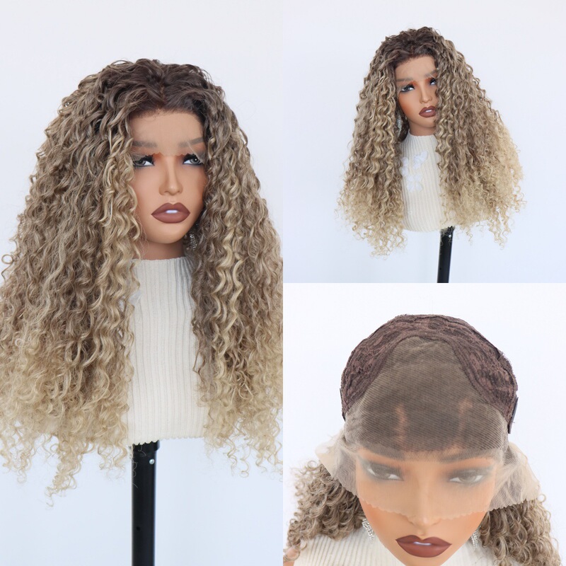 Qingdao Mingrui Hair Products Wig Factory Frontal Lace Wig African Mixed Color Small Curly Hair Synthetic Fiber Wig