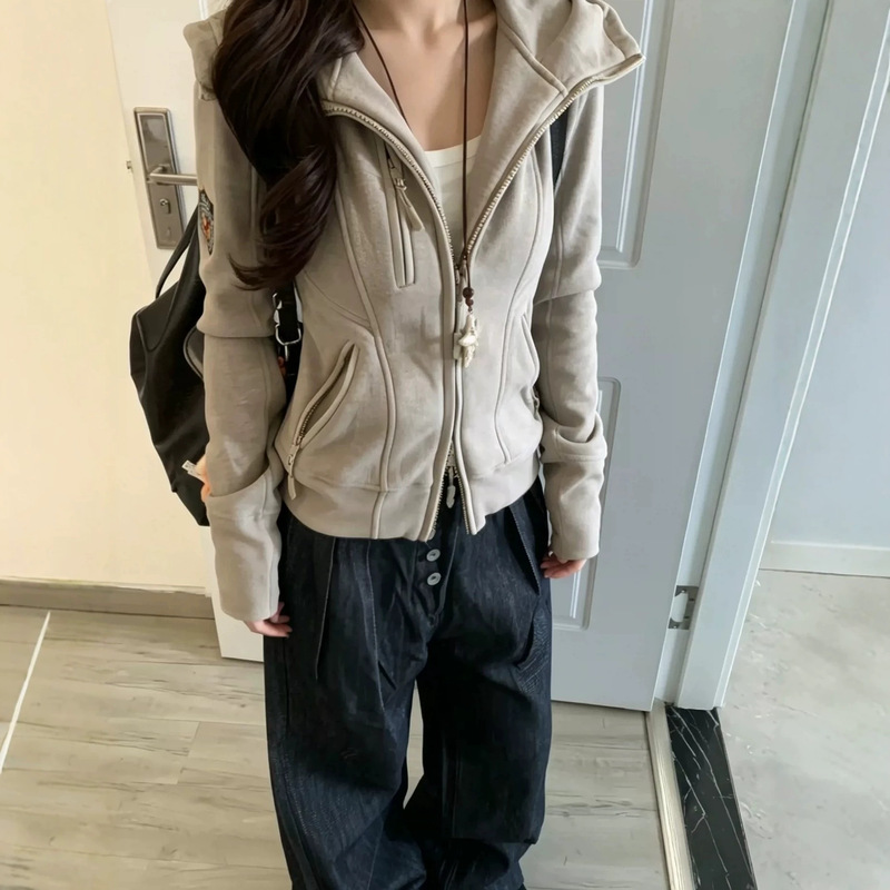 Original gray hooded jacket with drawstring elastic cord and zipper trim, original zipper pull, Korean style women's hooded jacket