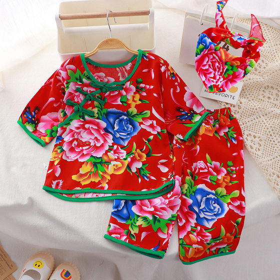 Northeast Big Flower suit Cotton Silk Girls' Han-style Thin Home Clothes Cotton Silk Children's Summer Baby's Seven-point Sleeve