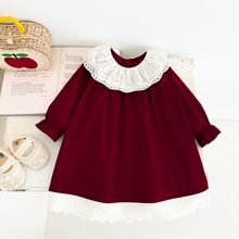 韩版娃娃领蕾丝花边连衣裙春秋新款小女孩长袖春装红色女宝公主裙