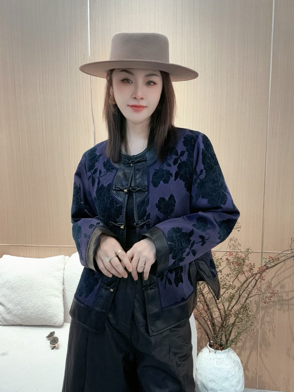新中式国风提花盘扣外套女2025秋季新款复古PU皮拼接百搭显瘦上衣|undefined