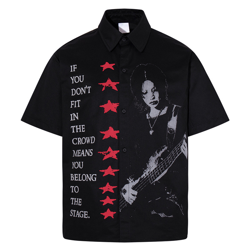 American dark-style vibe street rock character print short-sleeve shirt for men, light Asian style, summer short shirt, trendy American dark-style vibe street rock character print short-sleeve shirt for men, light Asian style, summer short shirt, trendy