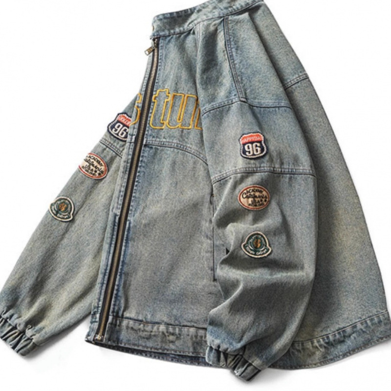 Motorcycle Style Denim Jacket For Men, Washed And Worn With Trendy Brand Embroidery, Loose And Retro High Street Jacket Top_voghion.com