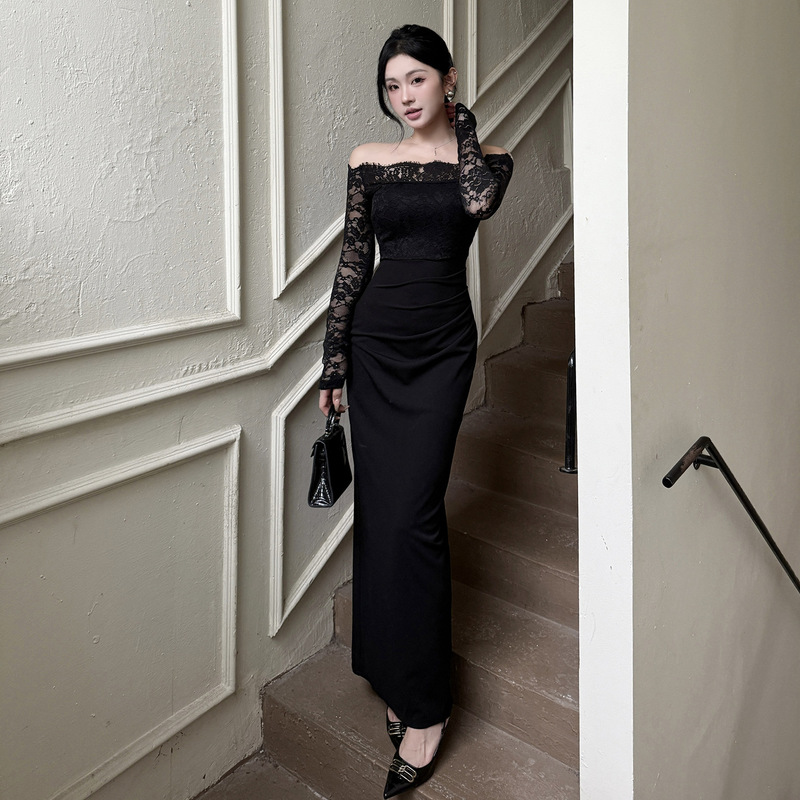 Ilya One-Shoulder Lace Splicing Evening Dress Women's Autum Royal Sister Style Dress Xs24382