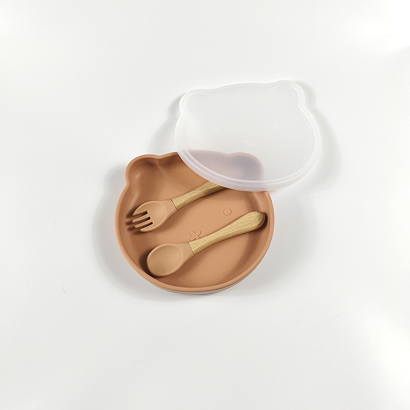 Oso de dibujos animados plato con cubierta de polvo plato de cena infantil bebé vajilla lechón comida complementaria infantil plato de cena de silicona