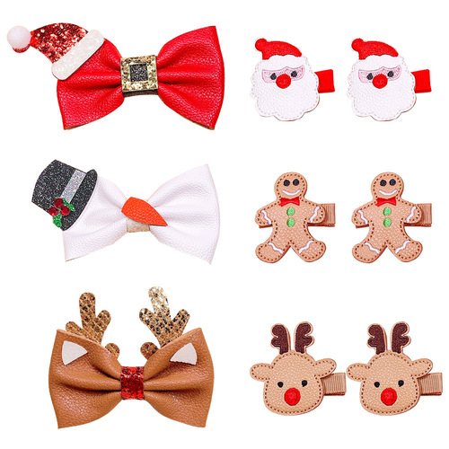 Children's Christmas Gingerbread Man Hair Clip European and American Christmas Leather Bow Side Clip Santa Claus Elk Headdress