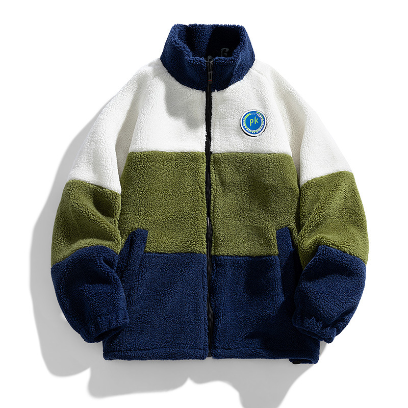Large size 2023 autumn new men's wool coat fashion stitching color matching stand collar men's jacket polar fleece coat