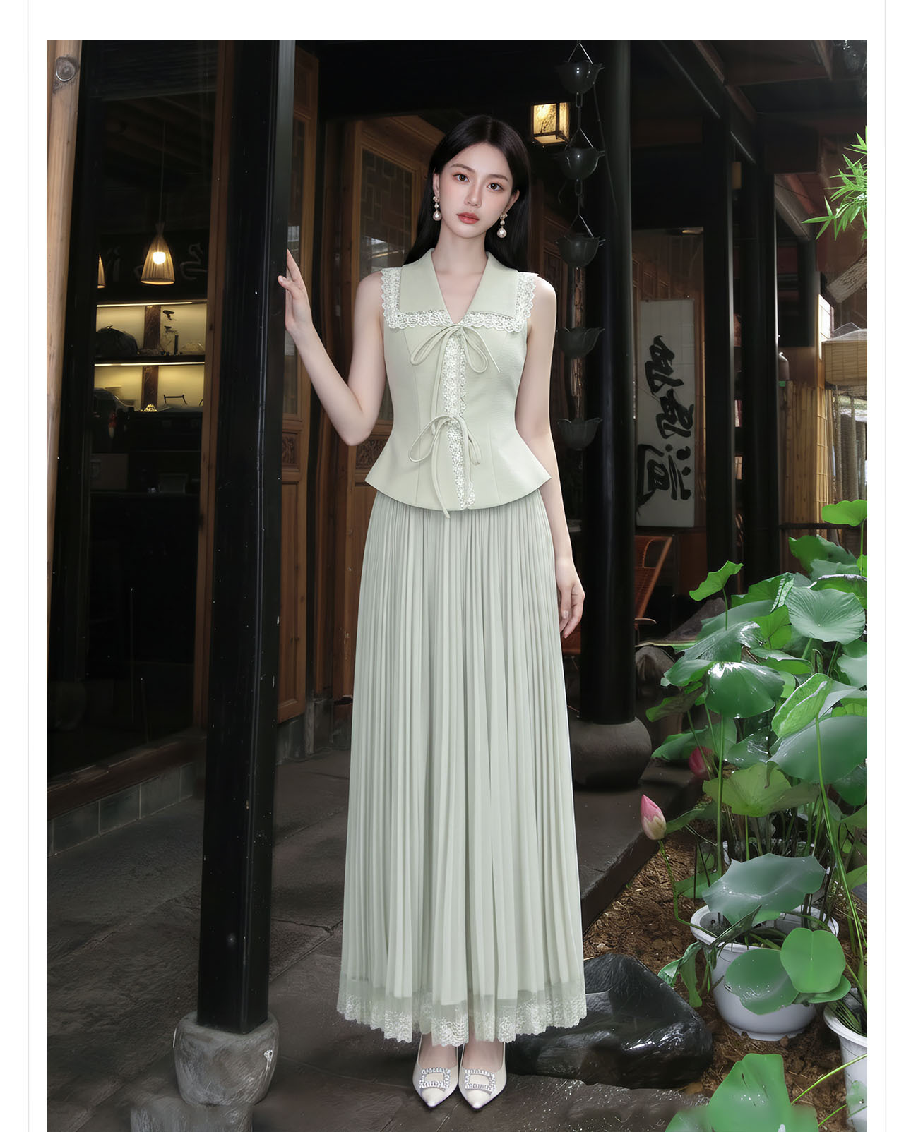 Set áo vest gile và chân váy ren phối ren thêu hoa, eo thon — bộ đồ, nửa váy, Trang chủ chi tiết 8