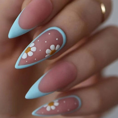 Round head almond nails cute daisy sunflower European and American ins style frosted texture manicure fake nails finished products wholesale