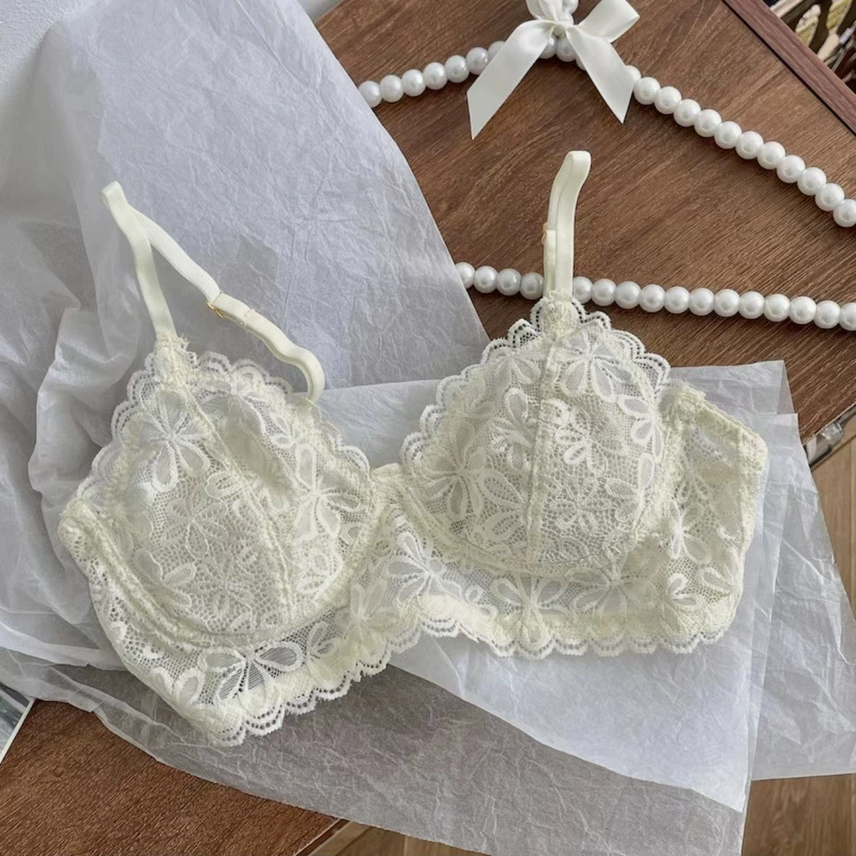 Lace Push-Up Wireless Bra, French Style, Thin Padding, Sizes S–L