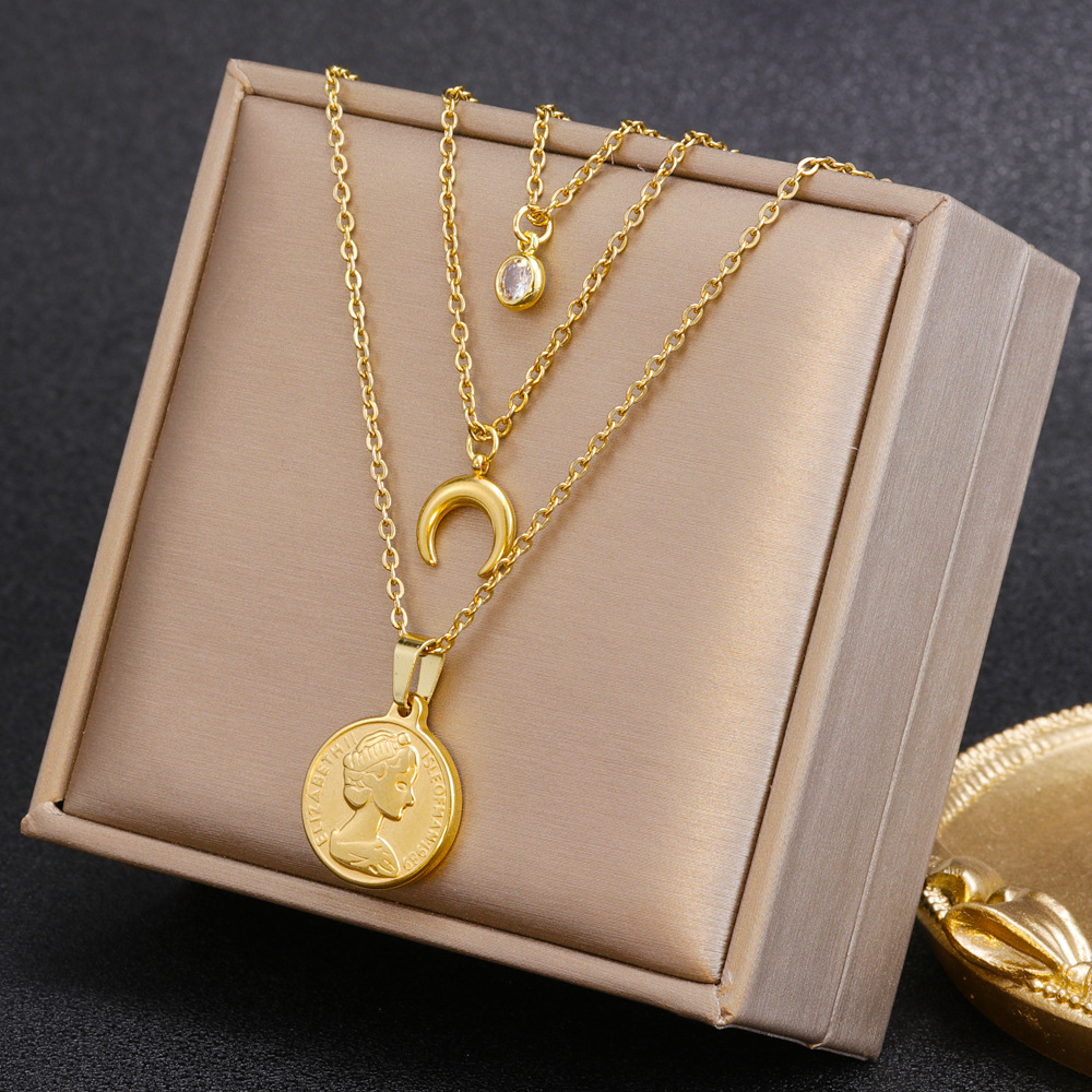 Retro Portrait Moon Titanium Steel Plating Layered Necklaces 1 Piece