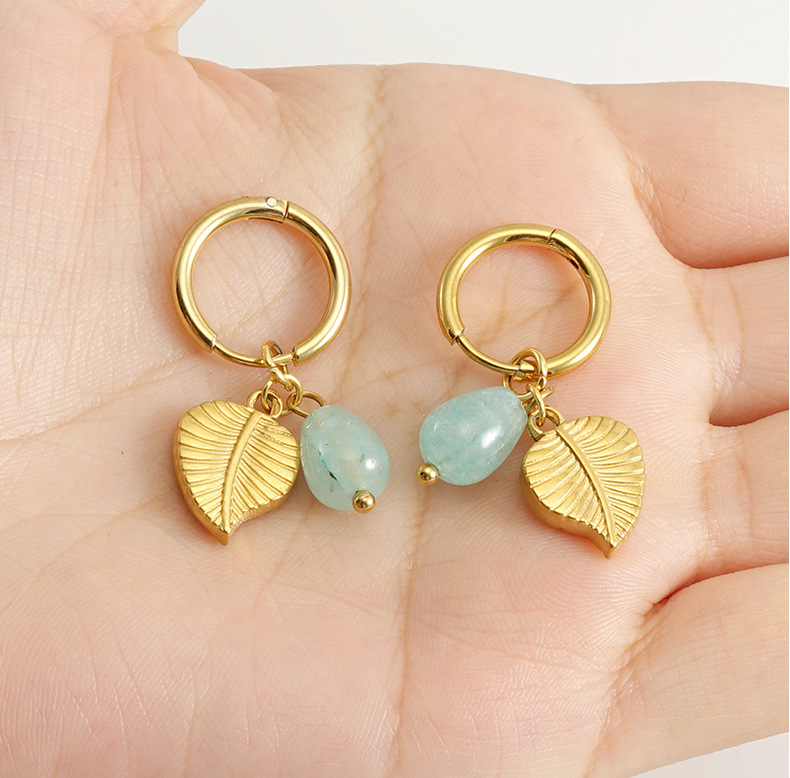 18K Gold Plated Plating Material Natural Stone Inlay Material 1 Pair Retro Leaves Inlay 304 Stainless Steel Natural Stone 18K Gold Plated Stainless Steel Earrings