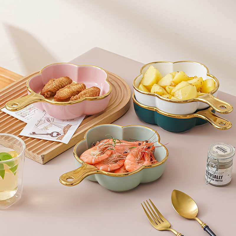 Nórdico de cerámica encaje tazón creativo red oro rojo borde fideos tazón con mango ins estilo hogar ensalada fruta postre tazón