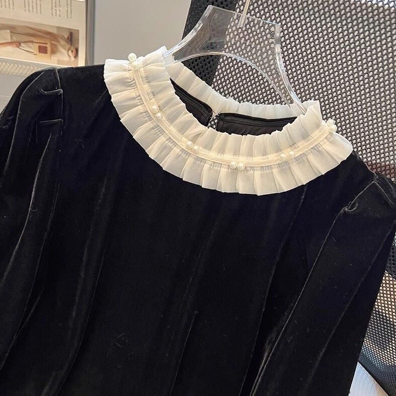 Black Velvet Top Women's Autumn and Winter Clothing 2025 New Hepburn Style Shirt with Long-Sleeved Bottoming Shirt Black Velvet Top Women's Autumn and Winter Clothing 2025 New Hepburn Style Shirt with Long-Sleeved Bottoming Shirt