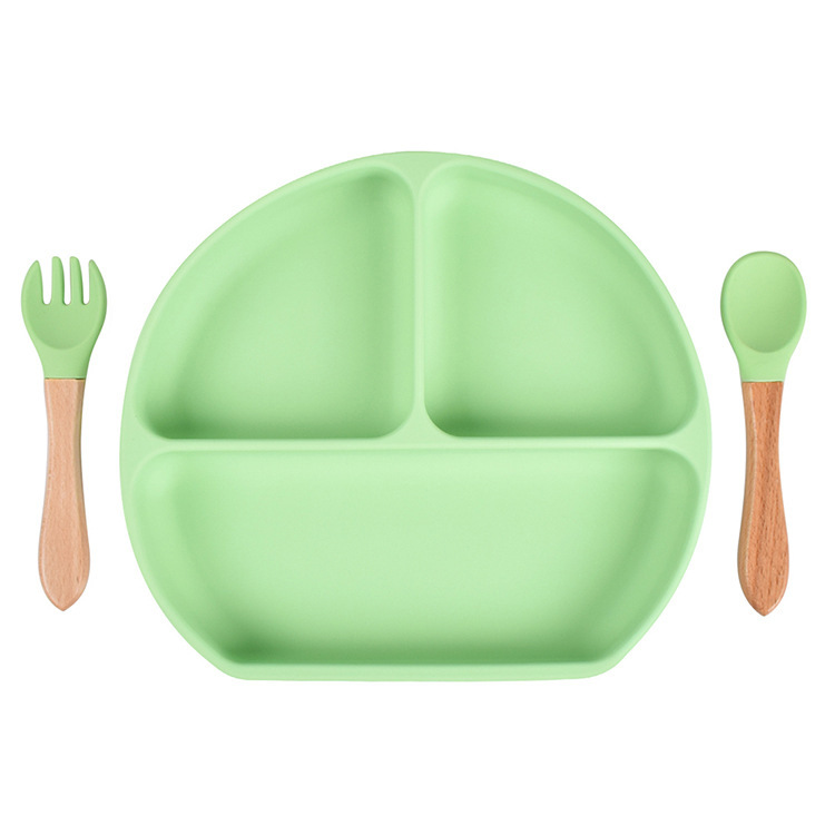 スポット分格子供食器ベビー吸盤シリコンボウル赤ちゃんスプーンストロー一体式シリコン皿|undefined
