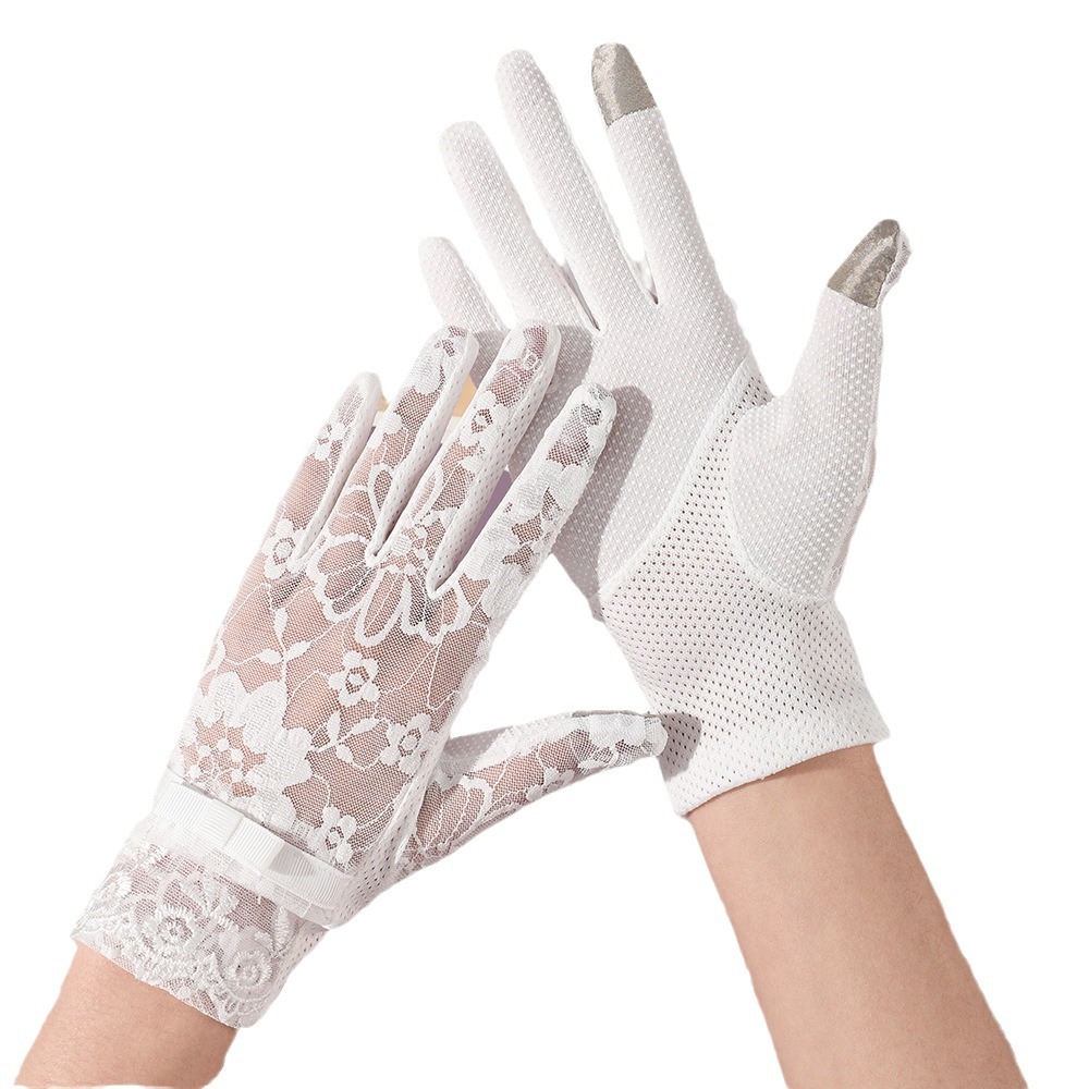 Nuevos guantes de protección solar para mujer primavera y verano al aire libre pantalla táctil encaje antideslizante arco fábrica al por mayor