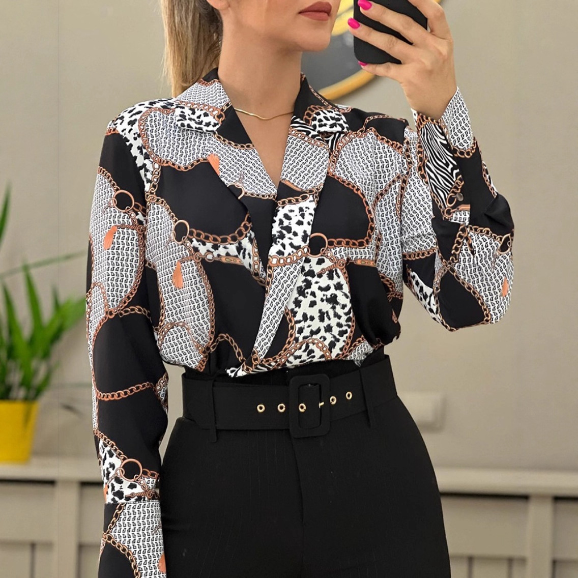 Camiseta Holgada de Manga Larga con Cuello en V y Estampado para Mujer, Estilo Informal, Otoño 2025, Éxito de Ventas en Wish y Amazon