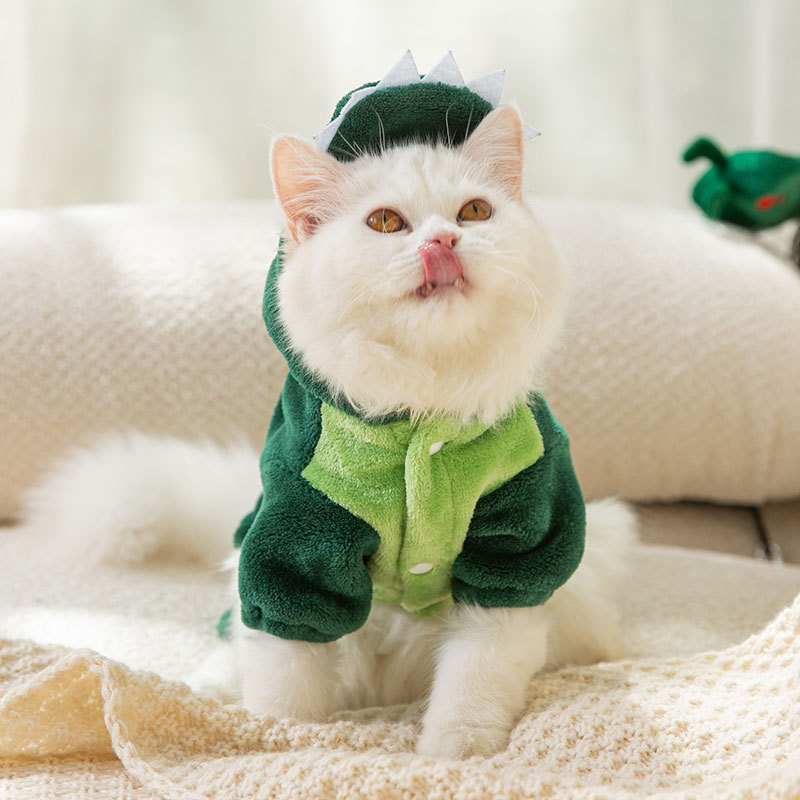 Franela otoño e invierno cálido gato lindo dinosaurio transformación traje Puppy Cat cuatro patas divertido mascota gato ropa