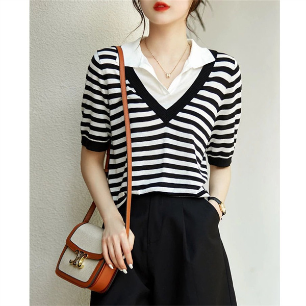 Fashionable Fake Two-Piece Ice Silk Short-Sleeved T-Shirt Summer Elegant Loose Slim Sweater Casual Pullover All-Match Top