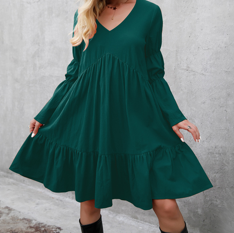 Fashion Solid Color V Neck Long Sleeve Ruffles Cotton Dresses Above Knee A-line Skirt display picture 15
