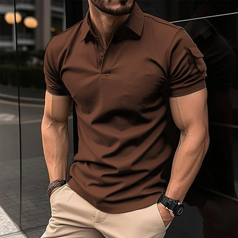 Polo da uomo monocromo a maniche corte con tasca sulla manica_voghion.com