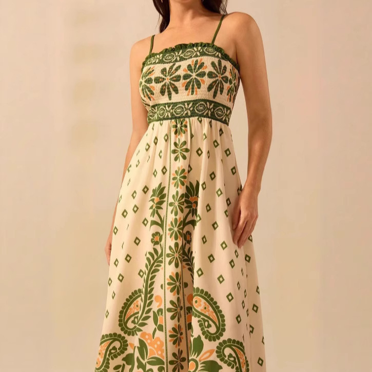 2025 European and American Cross-Border Bohemian Print Tropical Floral Print Azalea Floor-Length Dress with Suspenders 2025 European and American Cross-Border Bohemian Print Tropical Floral Print Azalea Floor-Length Dress with Suspenders