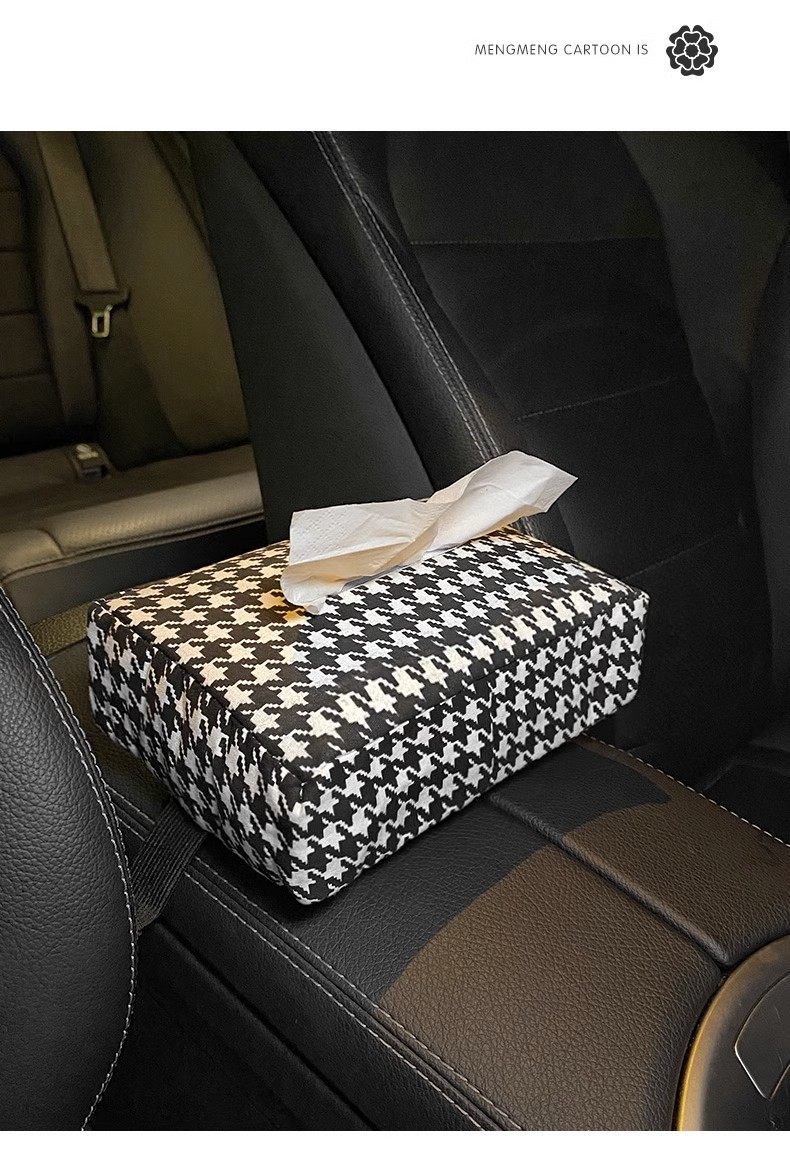 Car Tissue Box, Hanging Type, High-End Houndstooth Design, Interior Accessory, Armrest Box, Car Tissue Holder