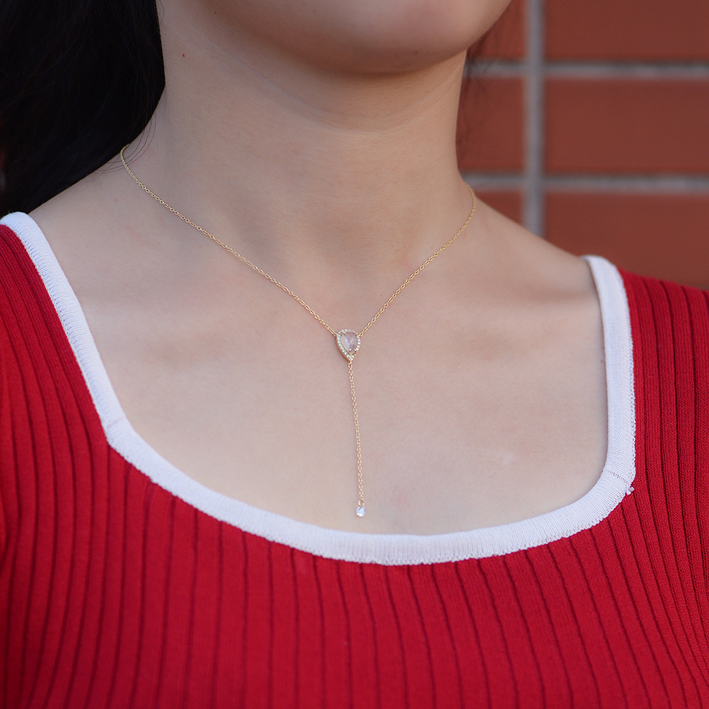 Collar de cadena de clavícula simple de moda europea y americana para mujer Collar de borla de cristal rosa de piedra natural en forma de gota de plata esterlina s925