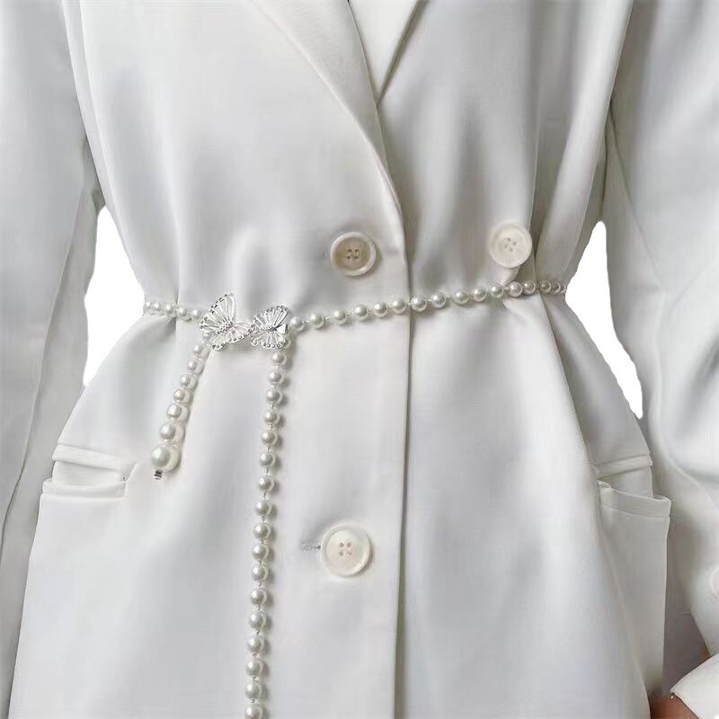 New online Red big small butterfly handmade pearl waist chain alloy fashion all-match dress suit girl thin belt