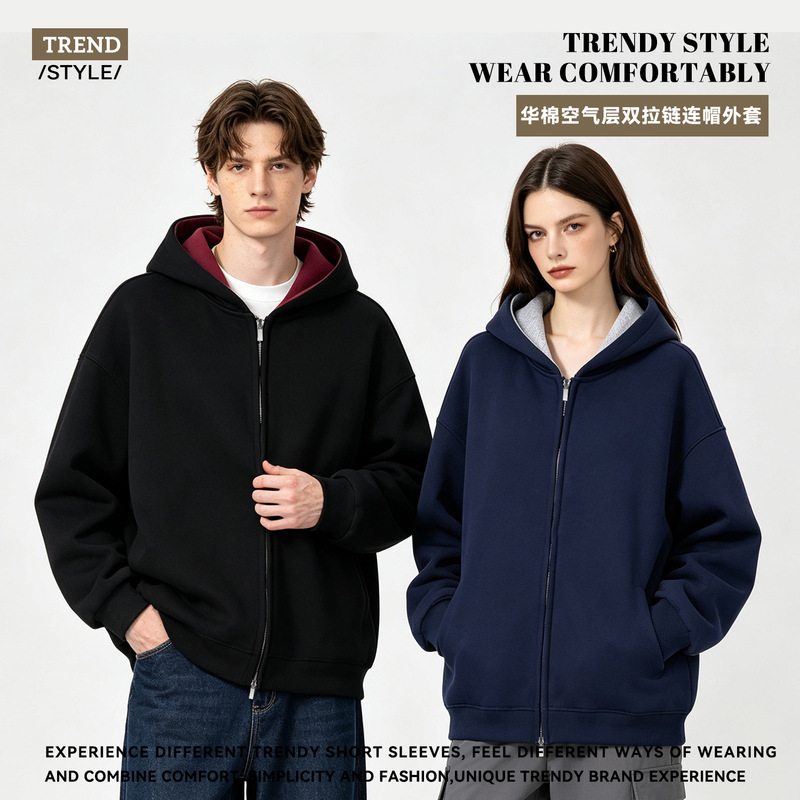 American-style trendy 420g casual color-block double-zipper hooded sweatshirt, women's and men's autumn/winter couple's top