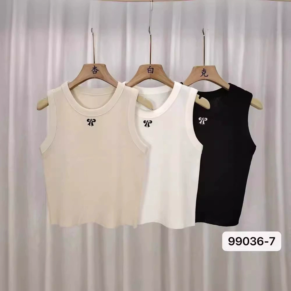 Short sleeveless summer vest, bow embroidery, fashionable cropped design, one size