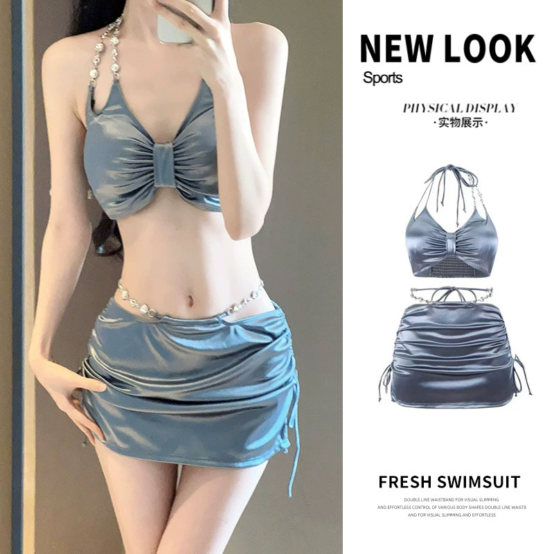 Новинка 2023 года, женский серебристый купальник высокого класса, сексуальный комплект из трех предметов, модное бикини для горячих весенних каникул, наряд для горячих девушек