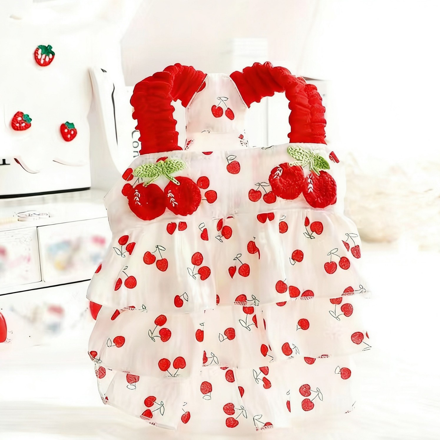 강아지 옷 봄과 여름 얇은 고양이 공주 드레스 레드 체리 주름 케이크 드레스 작은 개 테디 신선하고 달콤한