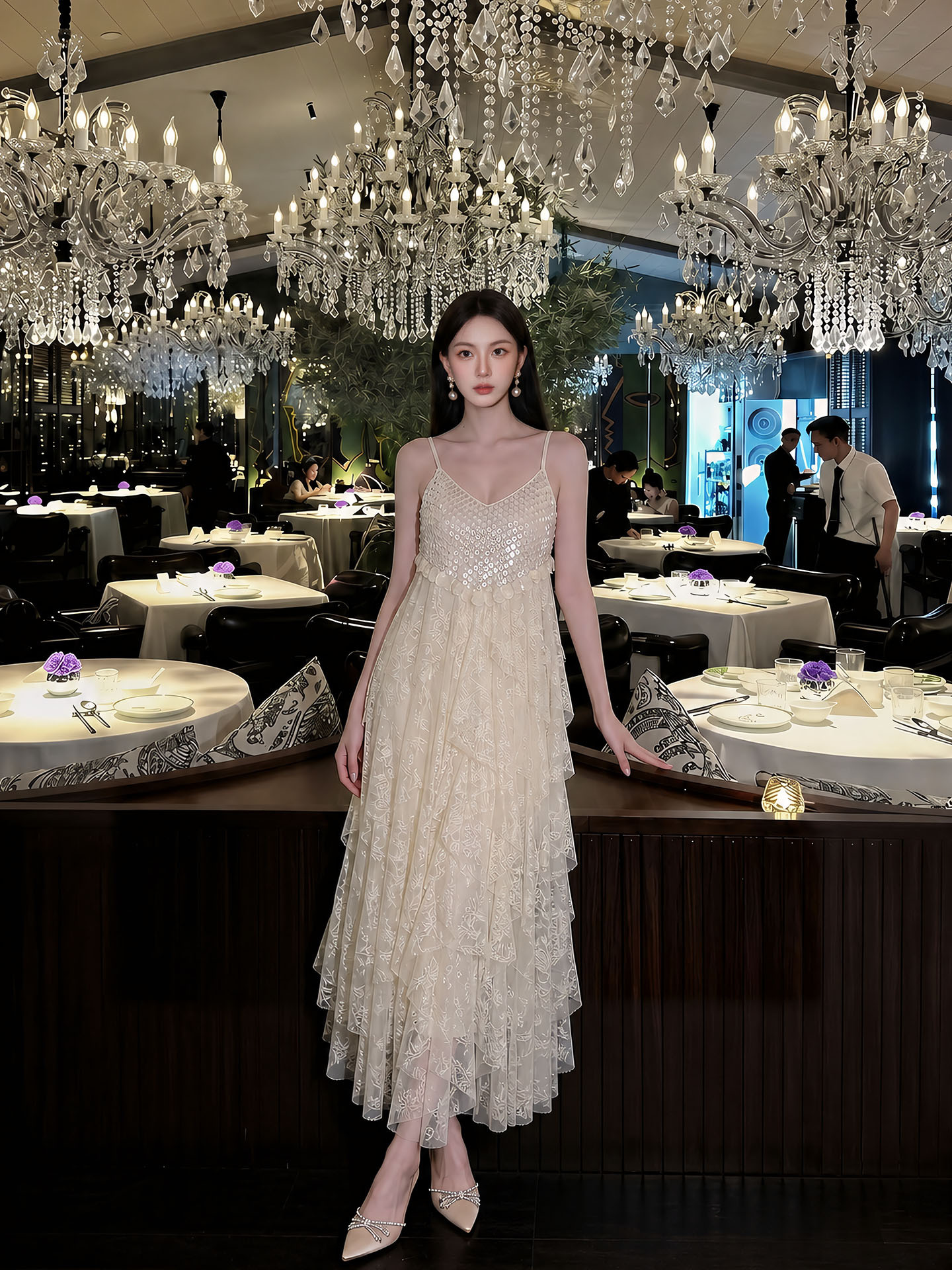Đầm maxi nữ thắt eo thiết kế tân cổ điển ren xếp tầng đính hạt — màu trắng ngà