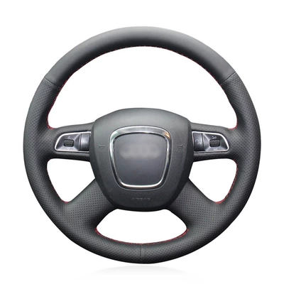 Car Leather Hand-Stitched Steering Wheel | Steering wheel cover - nappa-leather-stitched-steering-wheel-cover-black-hole-on-both-sides-black-line