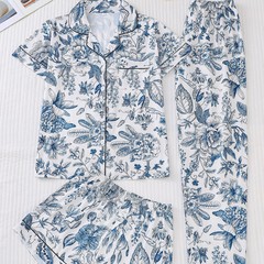 クロスボーダーヨーロッパとアメリカの女性のパジャマセット花柄半袖ショーツホーム服ゆったりと快適なカーディガンラペル