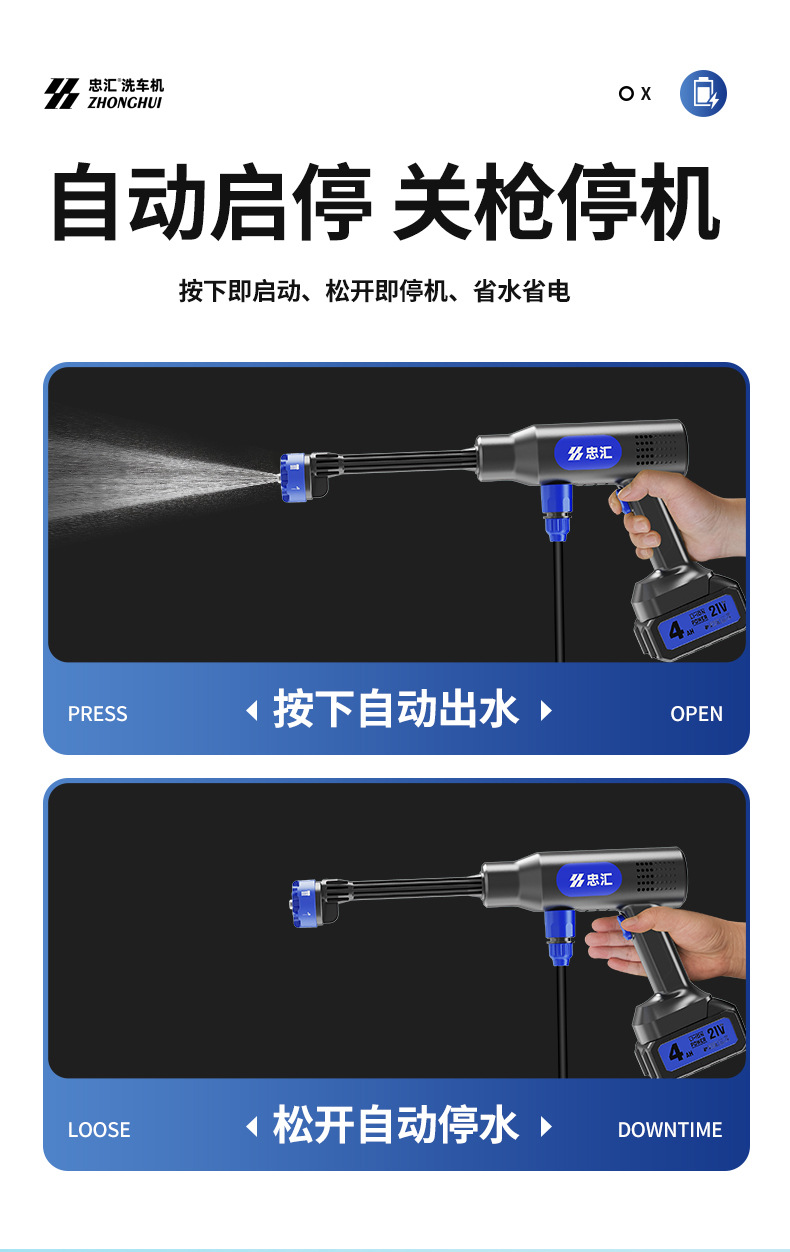 Customized high-pressure car wash water gun, lithium battery cordless car washer, household tool, high-power specialized water gun