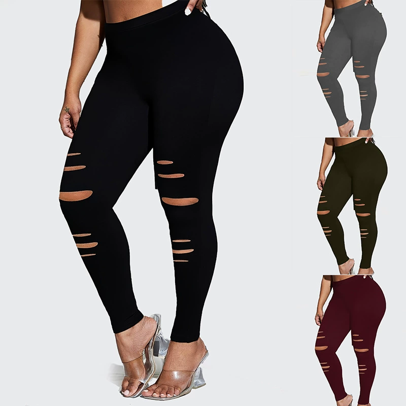 Трансграничная Amazon Женская 2024 Летняя европейская и американская мода плюс размер эластичные дырки узкие брюки толстый мм брюки