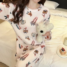 韩版睡衣秋季长裙少女法兰绒可爱ins加绒加厚长袖保暖睡裙家居服