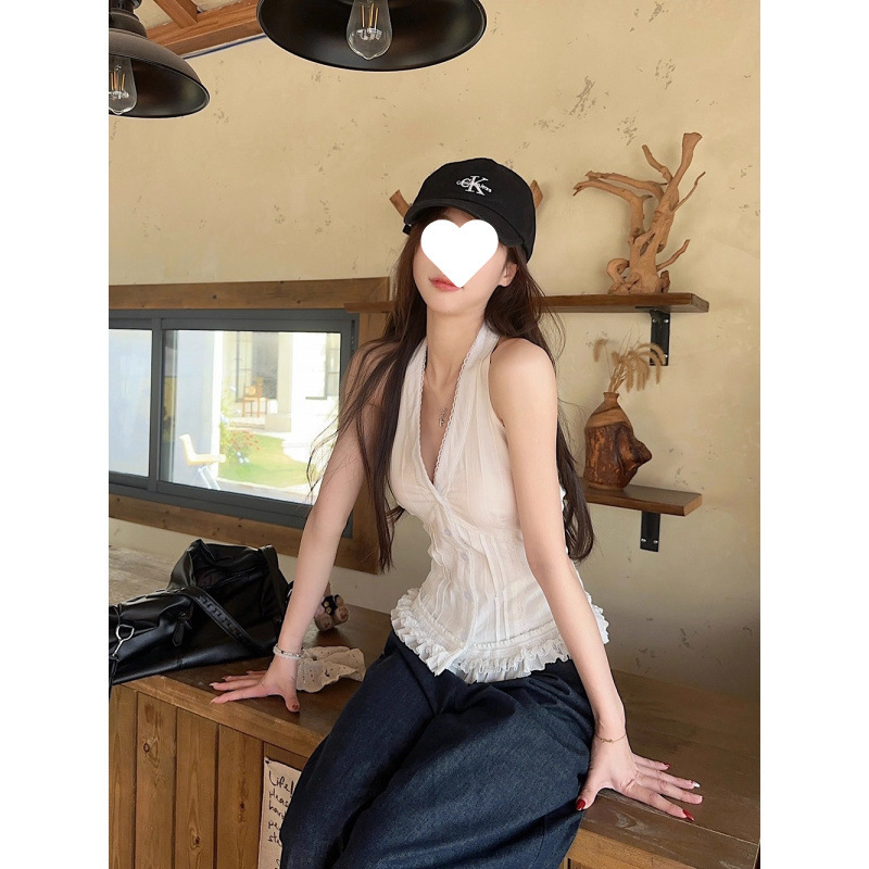 法式蕾丝挂脖吊带背心女夏季气质开衫外穿绝美显瘦鱼骨无袖上衣女|undefined