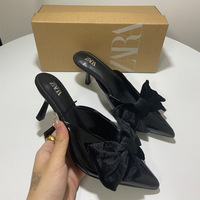 High Heels Women's Slim Heels Sandals Women's Shallow Mouth Bow Back Air 2024 Summer New Single Shoes Women's Lacquer Leather Women's Shoes