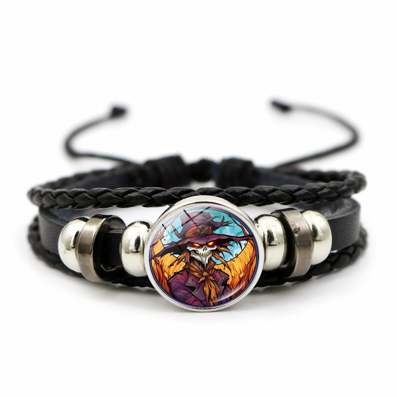Pulseira de couro em torno do castelo de Halloween, corda de mão com contas de tecelagem masculina, festival fantasma, joias de cabeça de caveira_voghion.com