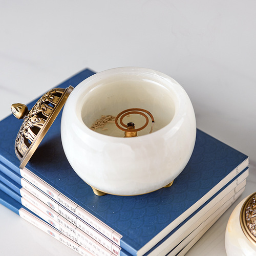 Natural Jade with Pure Copper Lid Incense Burner, Sandalwood Incense Holder, Desk Incense Burner for Home Use