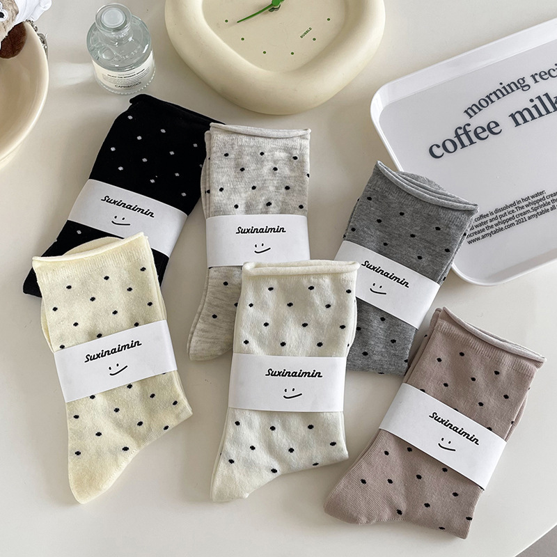 Rolled Edge Dotted White Socks Spring and Summer Artistic Korean Style Socks Women's Socks Spring and Autumn Mid-Calf Socks Solid Color Cotton Socks Casual